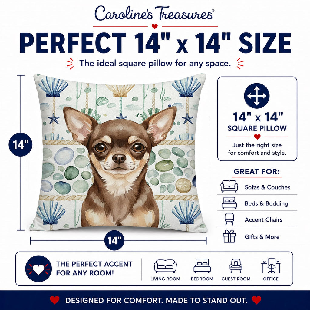 Chocolate Chihuahua Coastal Sea Glass Decorative Throw Pillow 14x14 Indoor Outdoor Accent Cushion, Fabric Cover with Insert for Sofa, Bed, Porch & Living Room