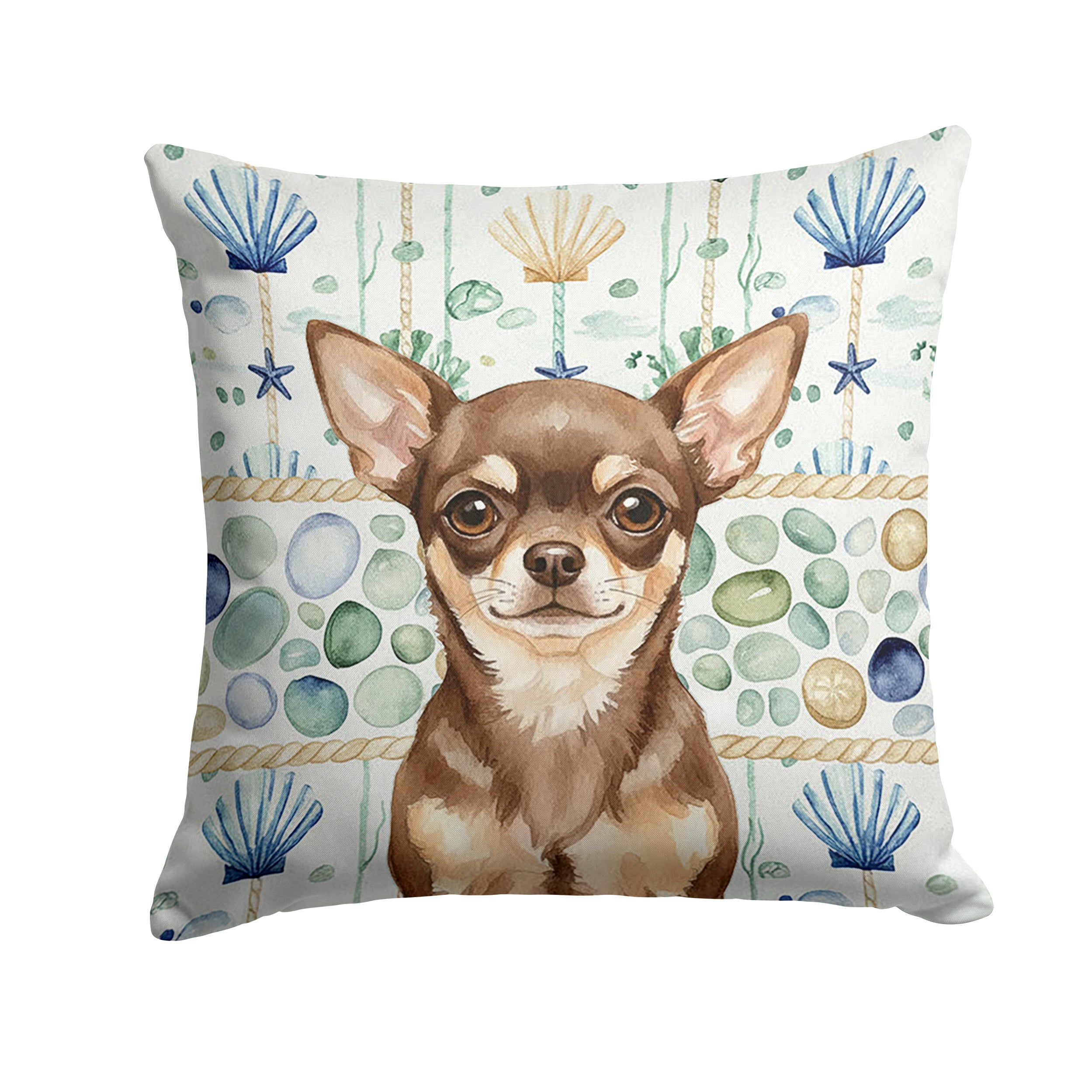 Chocolate Chihuahua Coastal Sea Glass Decorative Throw Pillow 14x14 Indoor Outdoor Accent Cushion, Fabric Cover with Insert for Sofa, Bed, Porch & Living Room