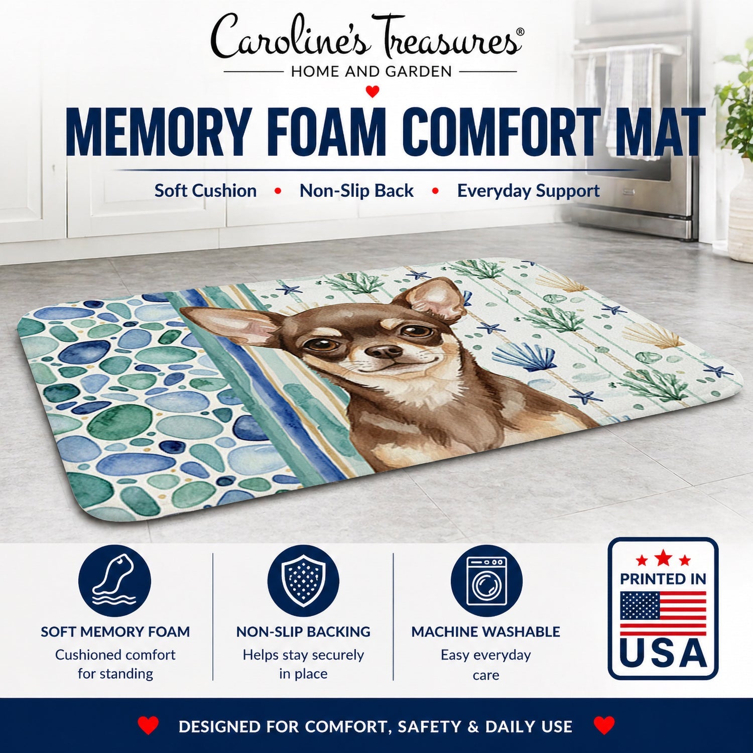 Chocolate Chihuahua Coastal Sea Glass Memory Foam Kitchen Mat Machine Washable Anti-Fatigue Cushion Comfort Bath or Kitchen Rug