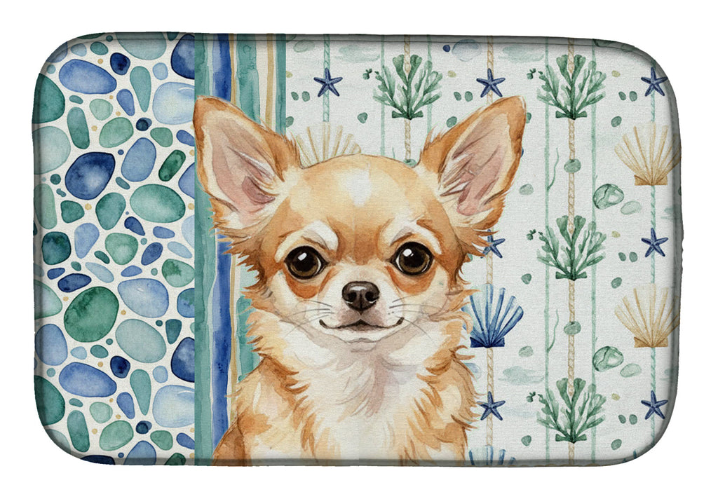 Fawn Chihuahua Coastal Sea Glass Dish Drying Mat Absorbent Dish Drying Mat Pad for Kitchen Counter Dish Drainer Mat for Countertop, 14 x 21", Multicolor