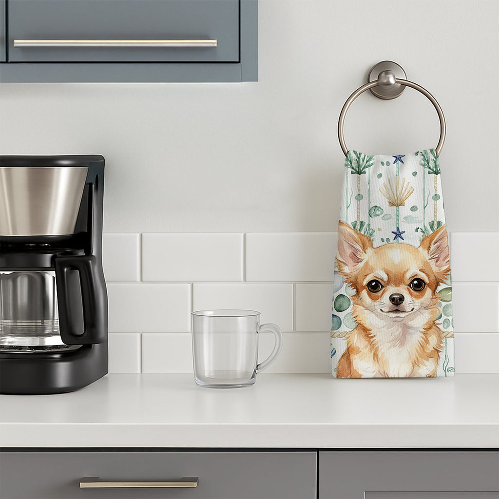 Fawn Chihuahua Coastal Sea Glass Kitchen Towel Velour Plush Front and Cotton Loop Back Machine Washable