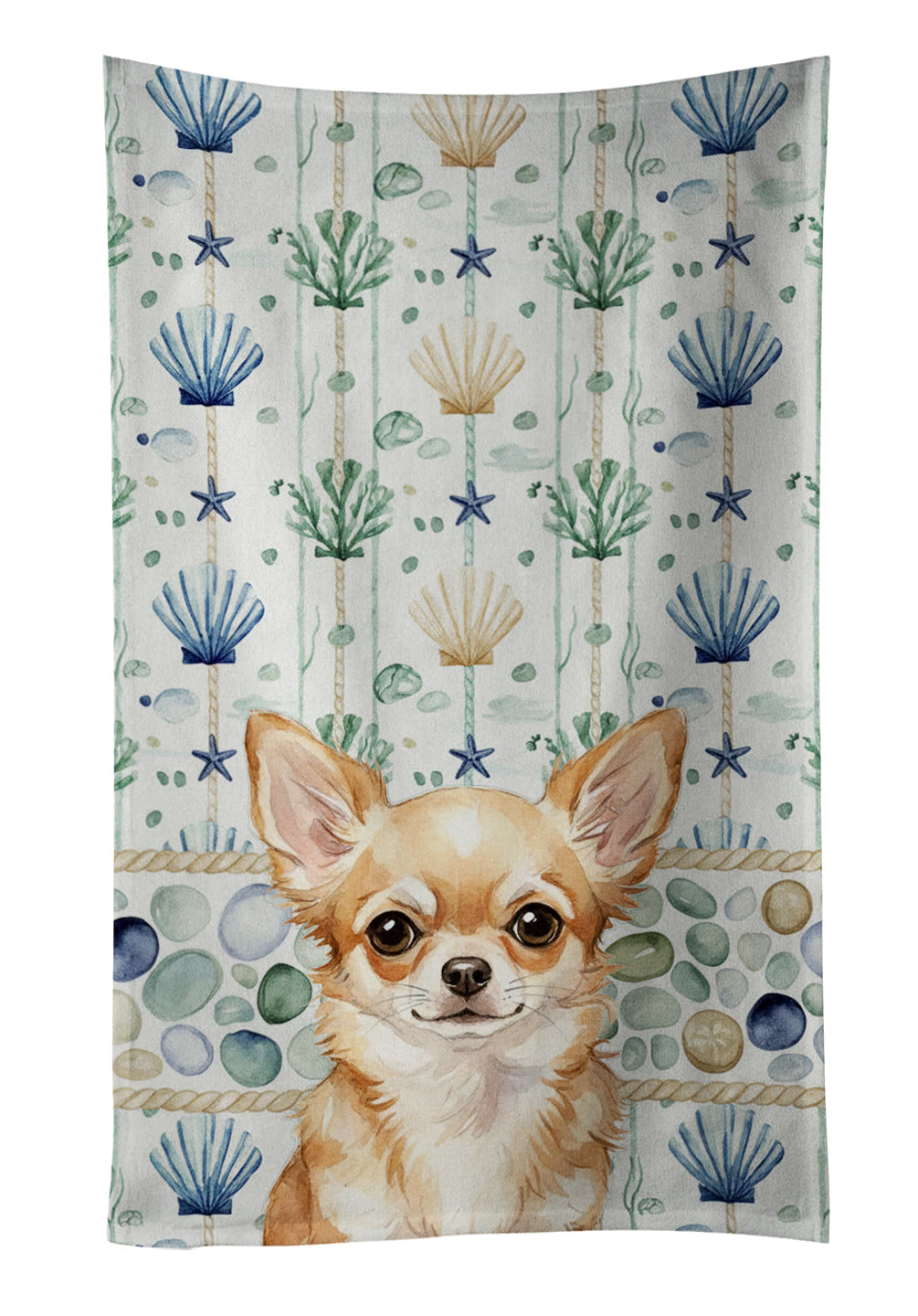 Fawn Chihuahua Coastal Sea Glass Kitchen Towel Velour Plush Front and Cotton Loop Back Machine Washable