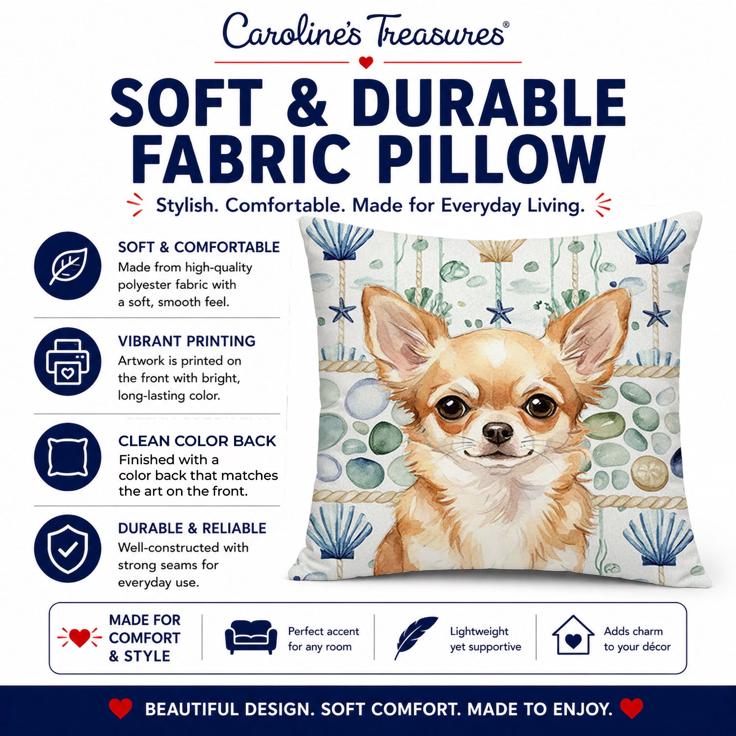 Fawn Chihuahua Coastal Sea Glass Decorative Throw Pillow 14x14 Indoor Outdoor Accent Cushion, Fabric Cover with Insert for Sofa, Bed, Porch & Living Room