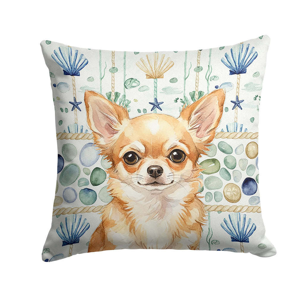Fawn Chihuahua Coastal Sea Glass Decorative Throw Pillow 14x14 Indoor Outdoor Accent Cushion, Fabric Cover with Insert for Sofa, Bed, Porch & Living Room