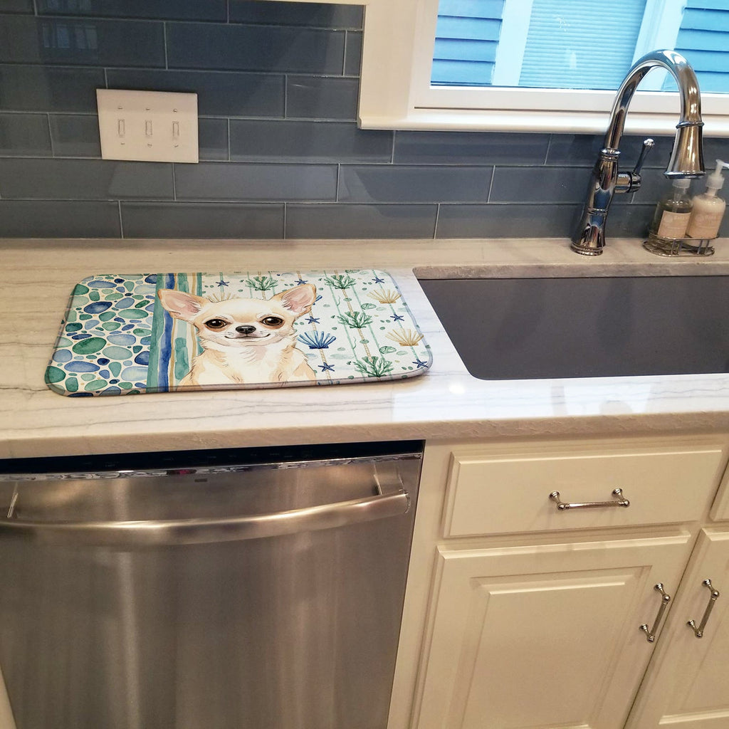 Cream Chihuahua Coastal Sea Glass Dish Drying Mat Absorbent Dish Drying Mat Pad for Kitchen Counter Dish Drainer Mat for Countertop, 14 x 21", Multicolor