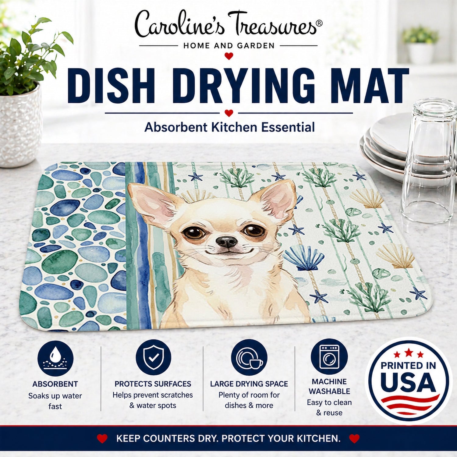 Cream Chihuahua Coastal Sea Glass Dish Drying Mat Absorbent Dish Drying Mat Pad for Kitchen Counter Dish Drainer Mat for Countertop, 14 x 21", Multicolor