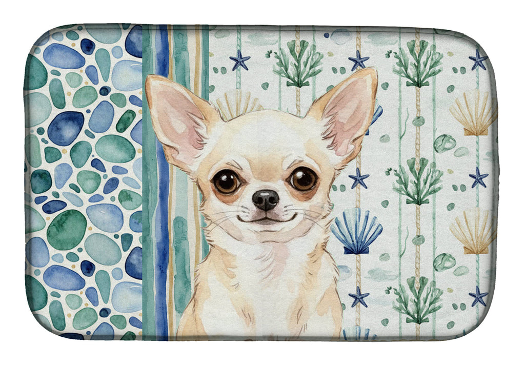Cream Chihuahua Coastal Sea Glass Dish Drying Mat Absorbent Dish Drying Mat Pad for Kitchen Counter Dish Drainer Mat for Countertop, 14 x 21", Multicolor