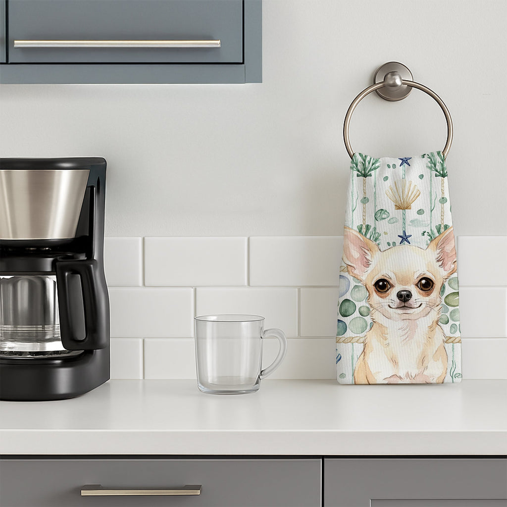 Cream Chihuahua Coastal Sea Glass Kitchen Towel Velour Plush Front and Cotton Loop Back Machine Washable