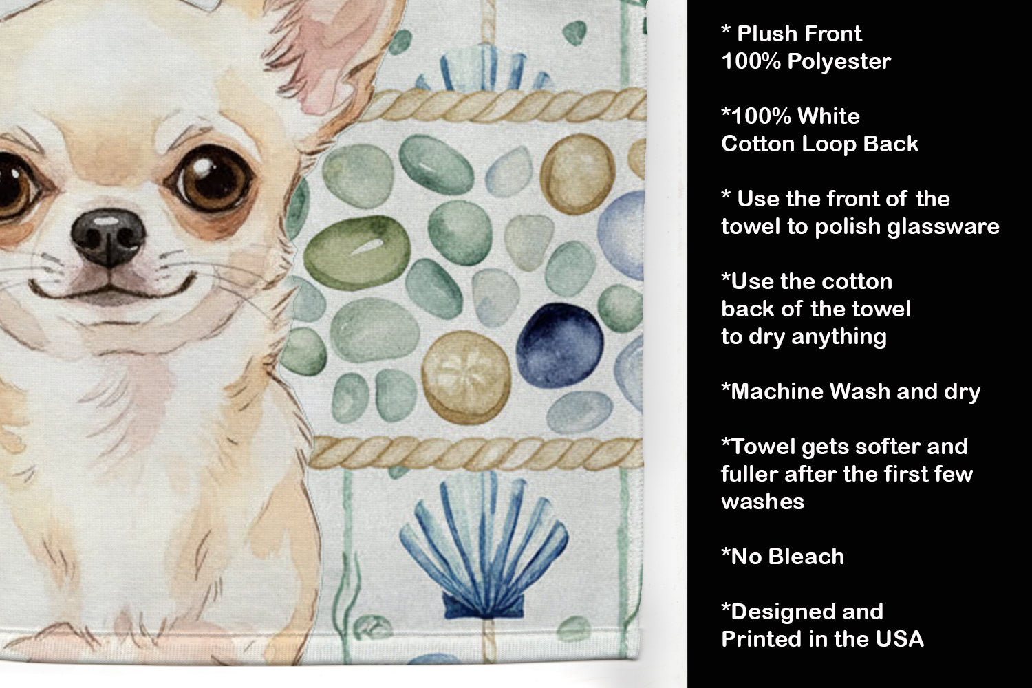Cream Chihuahua Coastal Sea Glass Kitchen Towel Velour Plush Front and Cotton Loop Back Machine Washable