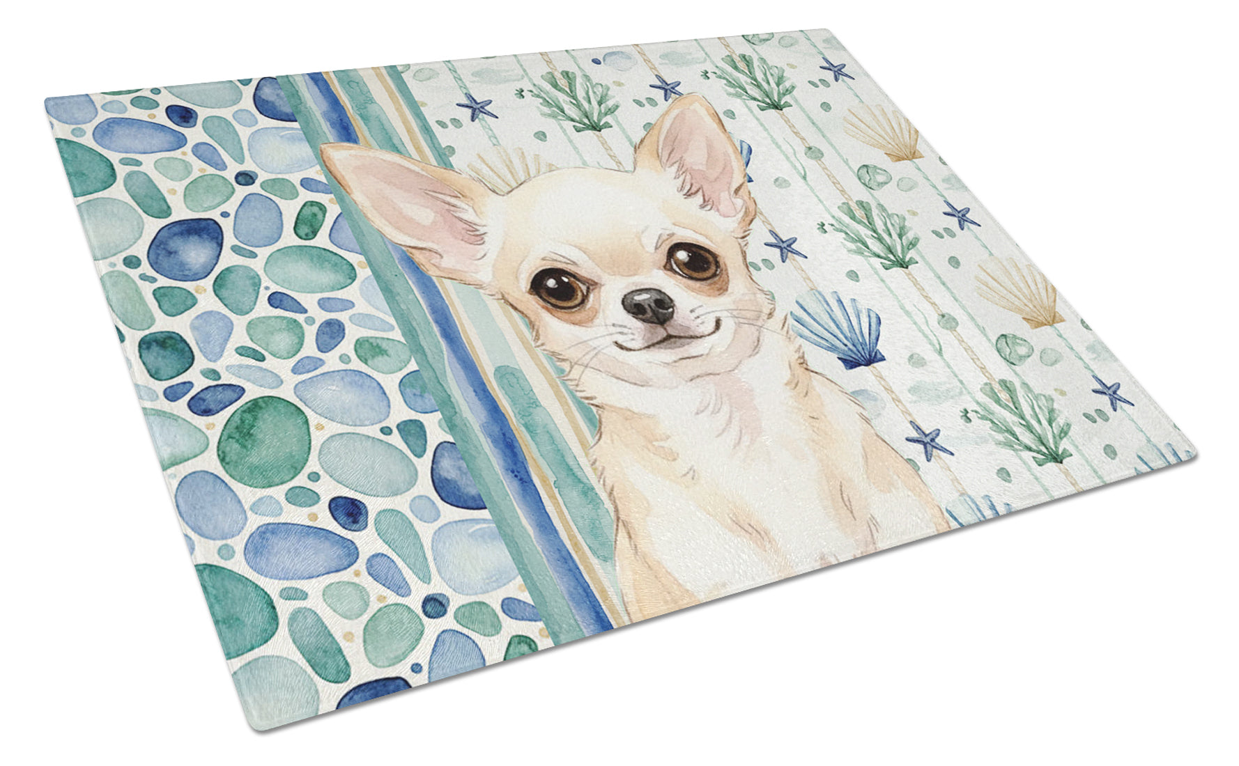 Cream Chihuahua Coastal Sea Glass Cutting Board Tempered Glass Kitchen Cutting Surface, Heat Resistant Chopping, Non-Slip Feet, Food Prep & Serving
