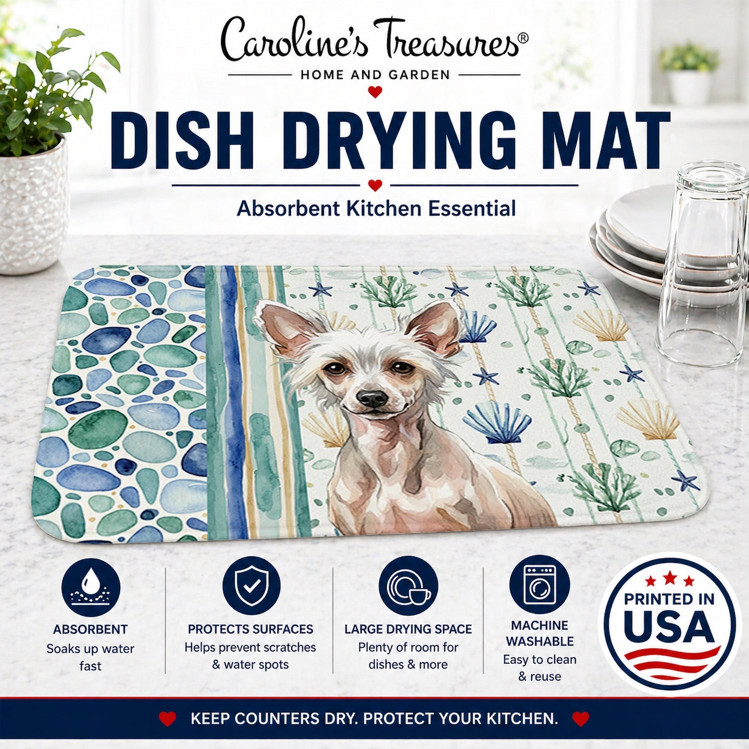 Hairless Chinese Crested Coastal Sea Glass Dish Drying Mat Absorbent Dish Drying Mat Pad for Kitchen Counter Dish Drainer Mat for Countertop, 14 x 21", Multicolor