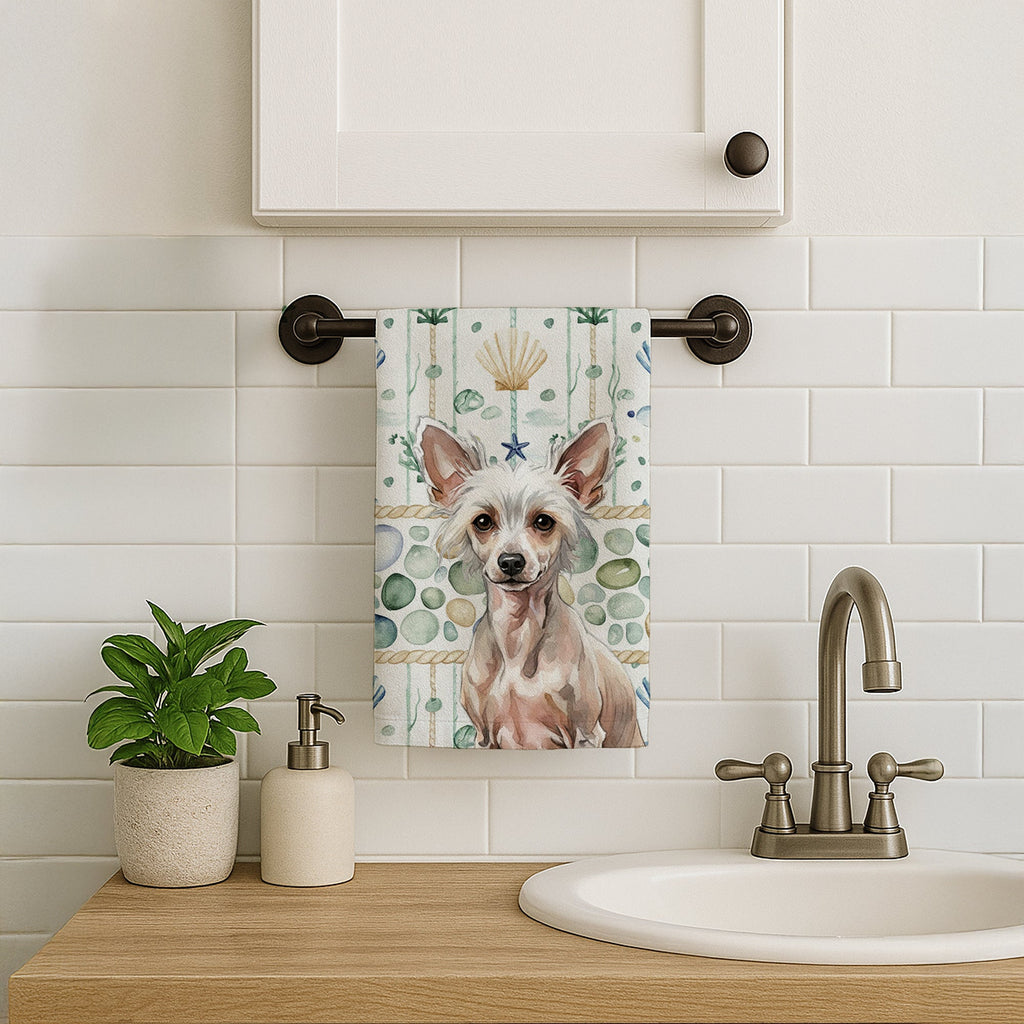 Hairless Chinese Crested Coastal Sea Glass Kitchen Towel Velour Plush Front and Cotton Loop Back Machine Washable