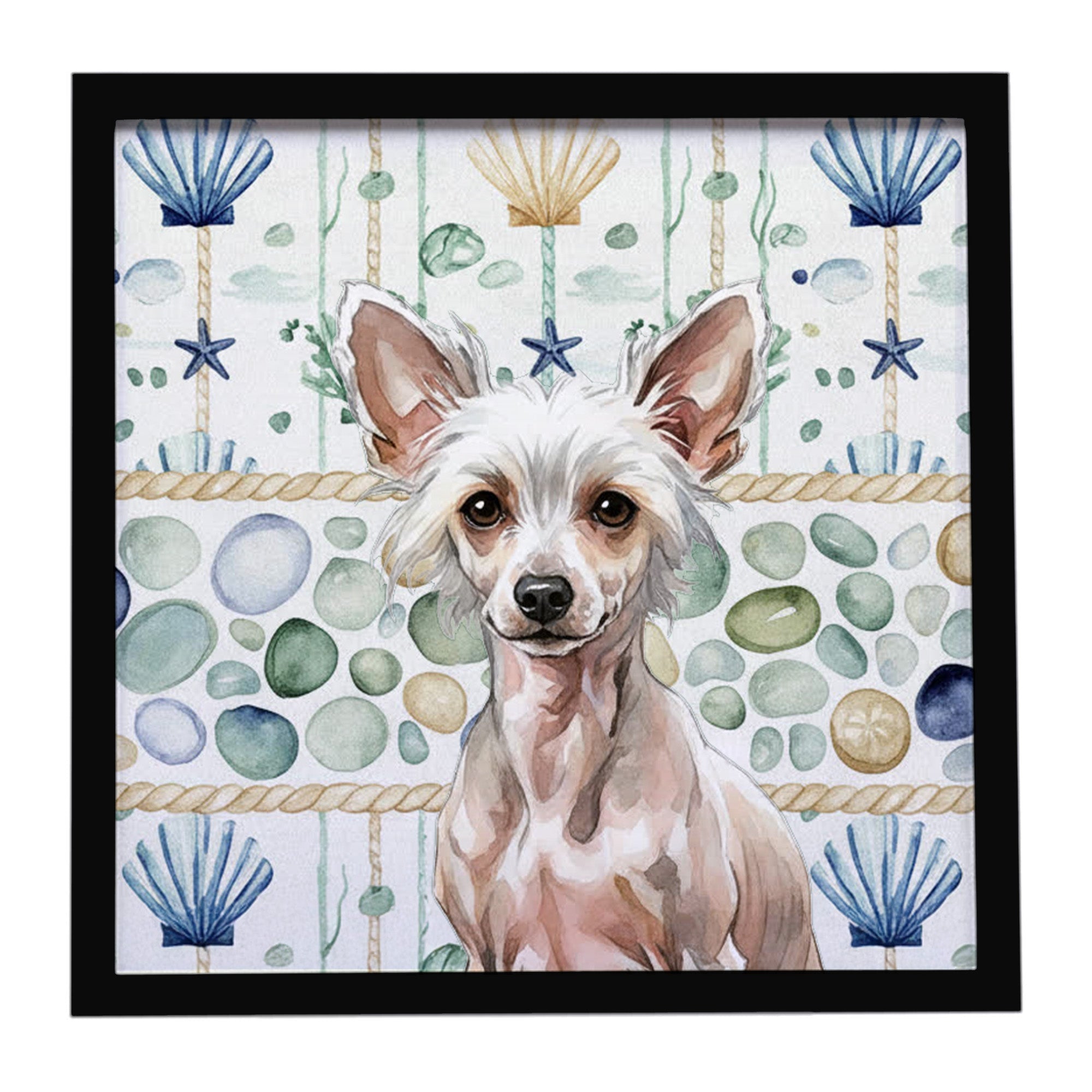 Hairless Chinese Crested Coastal Sea Glass Framed Metal Print Bathroom, Kitchen, Office, Home Decor Wall Art Ready to Hang, Square, 8X8