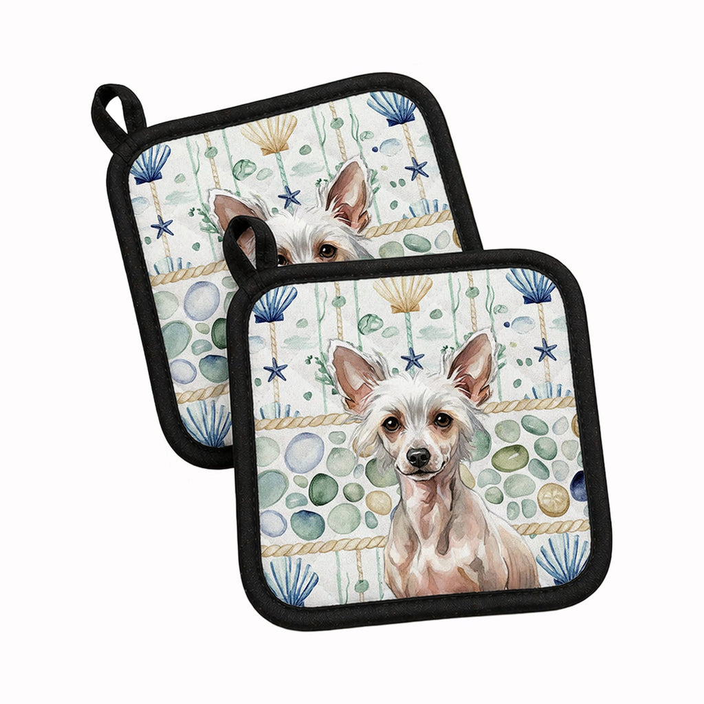 Hairless Chinese Crested Coastal Sea Glass Pot Holder Set of 2 Heat Resistant Quilted Hot Pads 7.5 x 7.5 Inch, Insulated Kitchen Trivets for Cooking & Baking