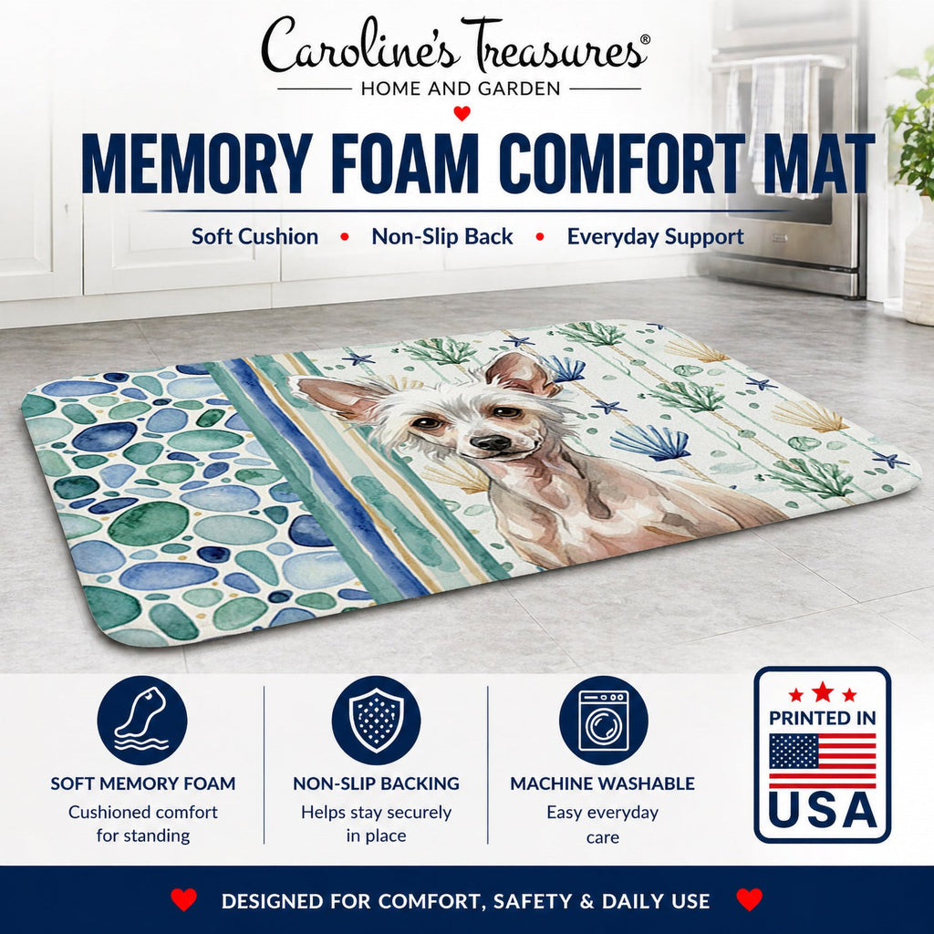 Hairless Chinese Crested Coastal Sea Glass Memory Foam Kitchen Mat Machine Washable Anti-Fatigue Cushion Comfort Bath or Kitchen Rug