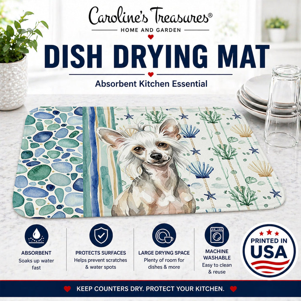 Hairless Mottled Pattern Chinese Crested Coastal Sea Glass Dish Drying Mat Absorbent Dish Drying Mat Pad for Kitchen Counter Dish Drainer Mat for Countertop, 14 x 21", Multicolor