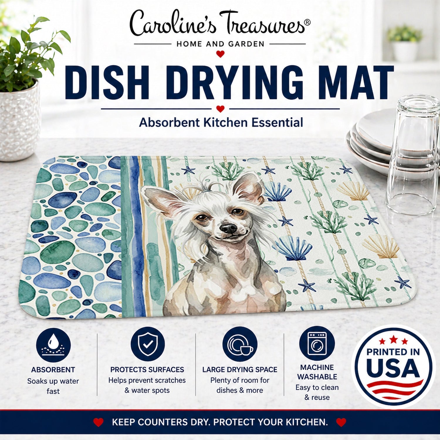 Hairless Mottled Pattern Chinese Crested Coastal Sea Glass Dish Drying Mat Absorbent Dish Drying Mat Pad for Kitchen Counter Dish Drainer Mat for Countertop, 14 x 21", Multicolor