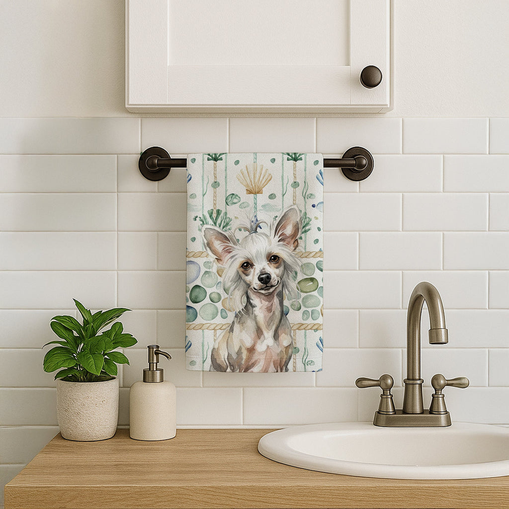 Hairless Mottled Pattern Chinese Crested Coastal Sea Glass Kitchen Towel Velour Plush Front and Cotton Loop Back Machine Washable