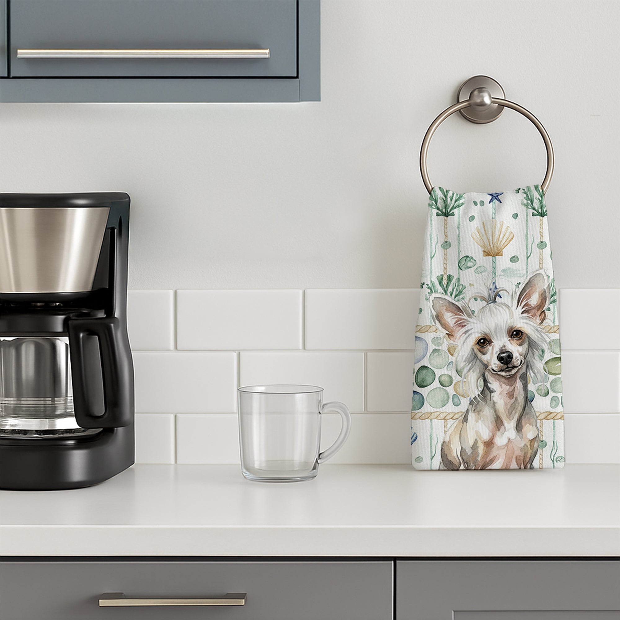 Hairless Mottled Pattern Chinese Crested Coastal Sea Glass Kitchen Towel Velour Plush Front and Cotton Loop Back Machine Washable