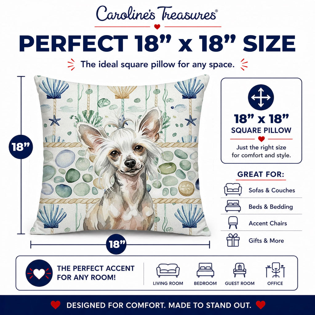 Hairless Mottled Pattern Chinese Crested Coastal Sea Glass Decorative Throw Pillow 18x18 Indoor Outdoor Accent Cushion, Fabric Cover with Insert for Sofa, Bed, Porch & Living Room