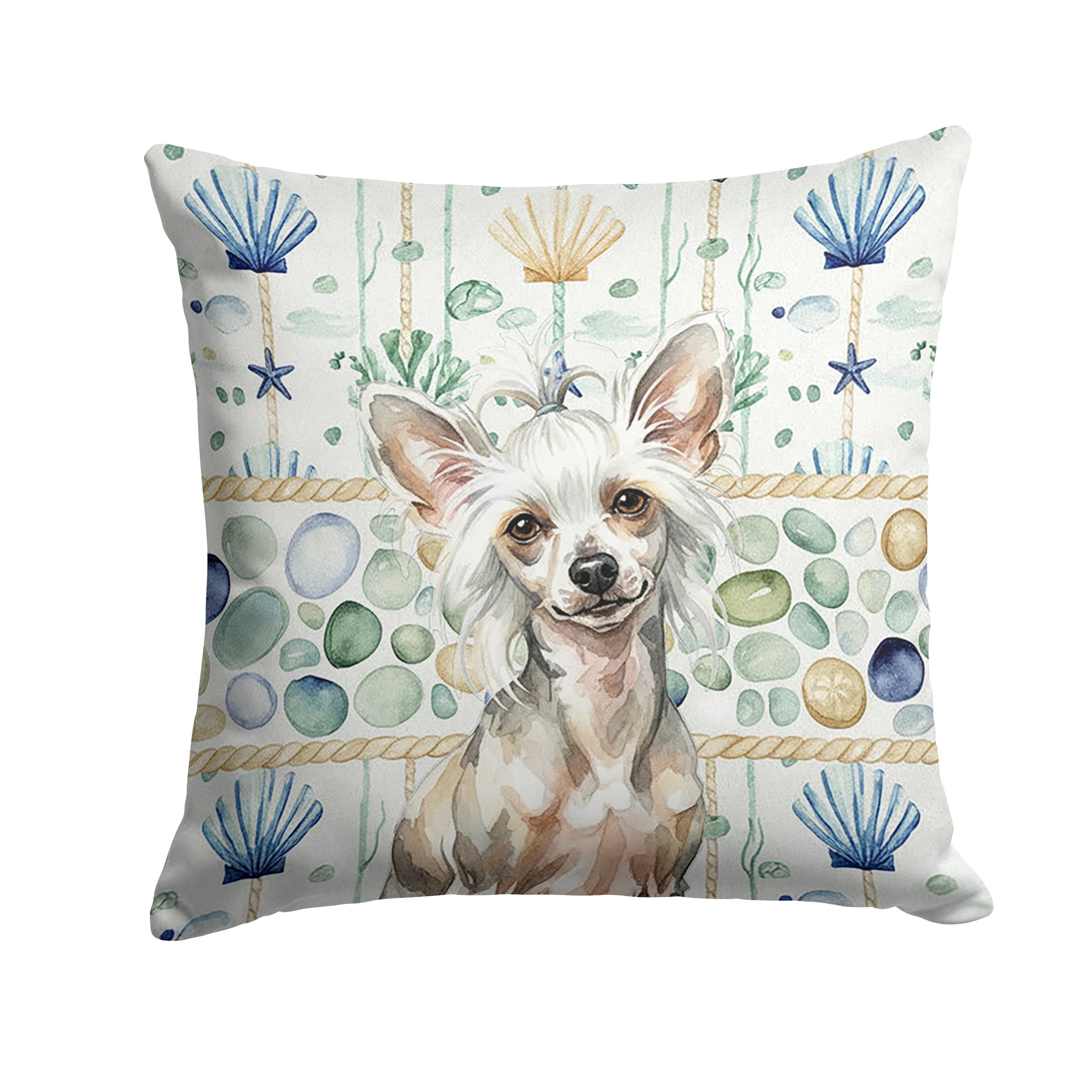 Hairless Mottled Pattern Chinese Crested Coastal Sea Glass Decorative Throw Pillow 18x18 Indoor Outdoor Accent Cushion, Fabric Cover with Insert for Sofa, Bed, Porch & Living Room