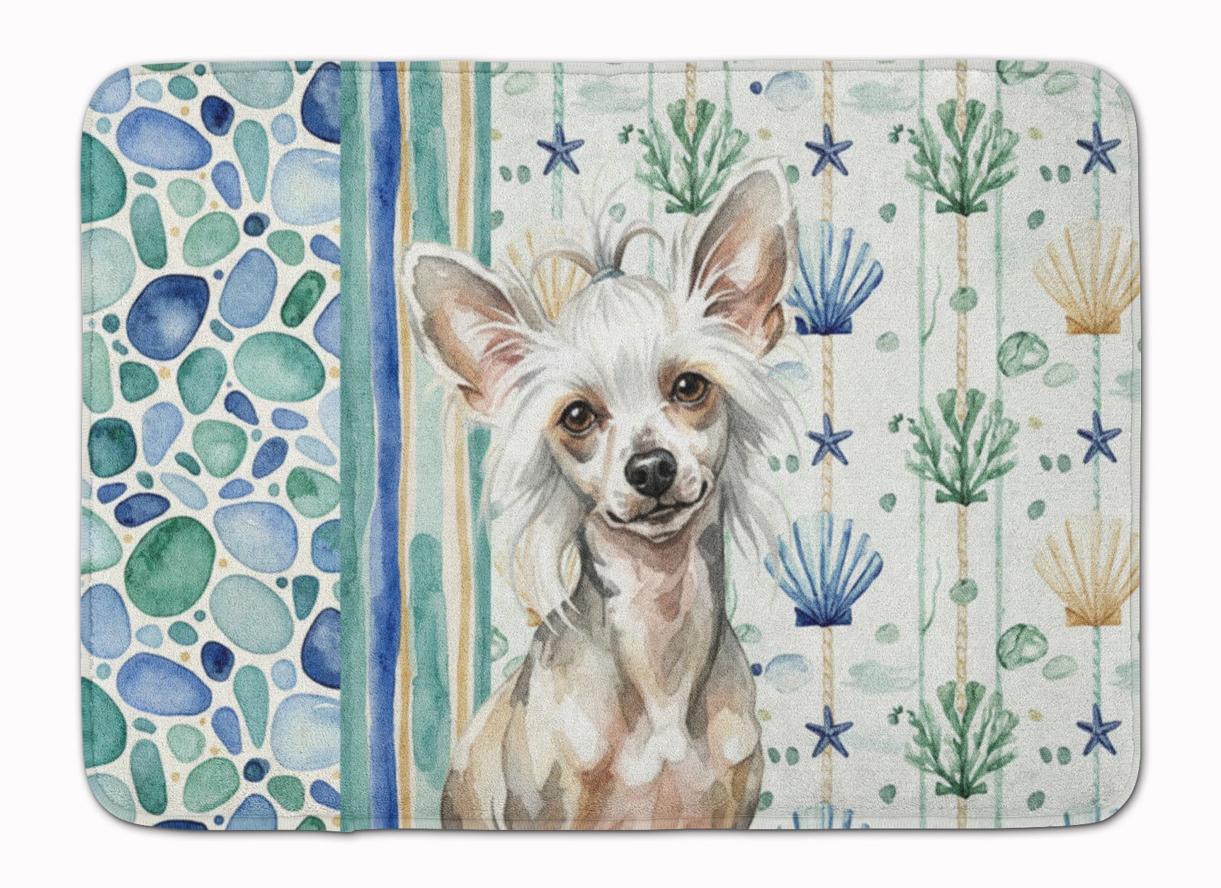 Hairless Mottled Pattern Chinese Crested Coastal Sea Glass Memory Foam Kitchen Mat Machine Washable Anti-Fatigue Cushion Comfort Bath or Kitchen Rug