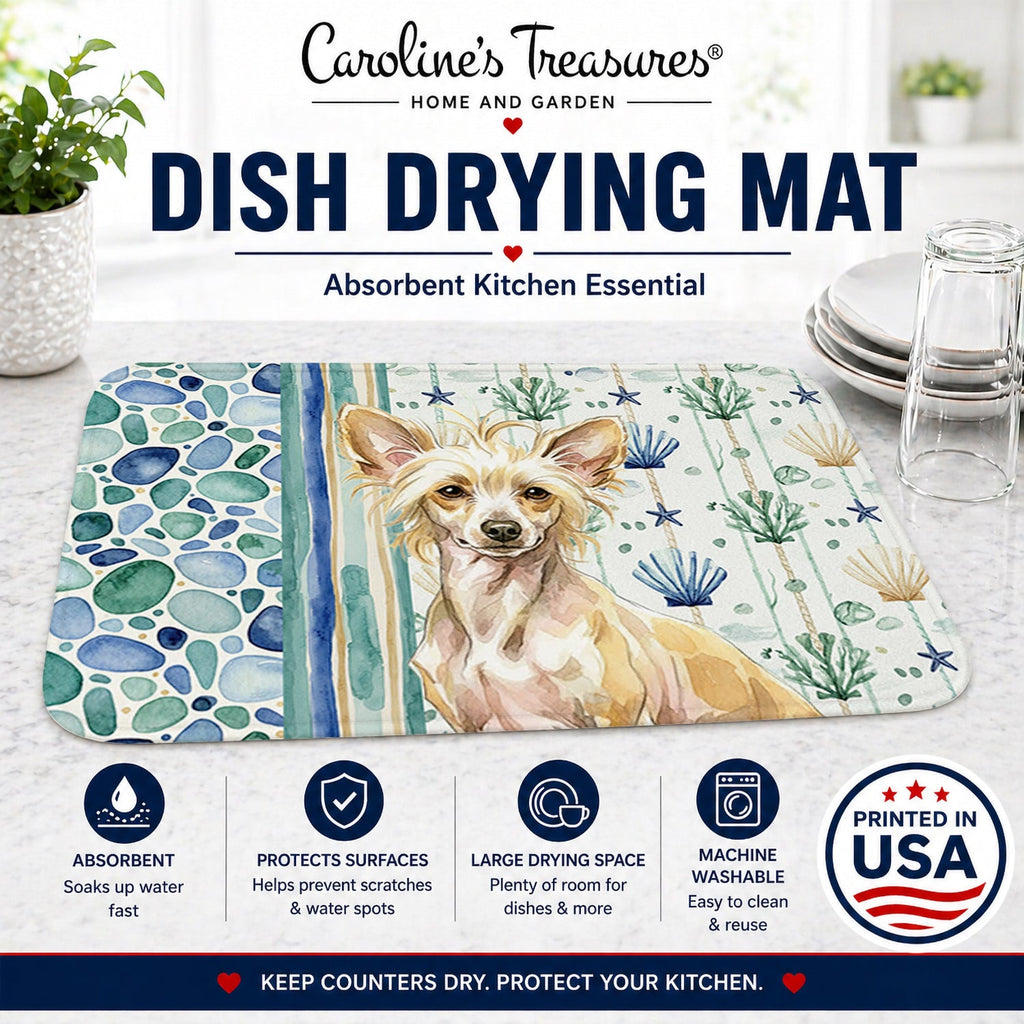 Hairless Palomino Chinese Crested Coastal Sea Glass Dish Drying Mat Absorbent Dish Drying Mat Pad for Kitchen Counter Dish Drainer Mat for Countertop, 14 x 21", Multicolor