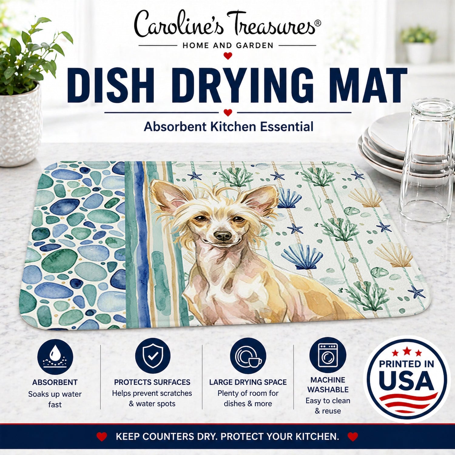 Hairless Palomino Chinese Crested Coastal Sea Glass Dish Drying Mat Absorbent Dish Drying Mat Pad for Kitchen Counter Dish Drainer Mat for Countertop, 14 x 21", Multicolor