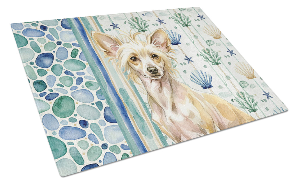 Hairless Palomino Chinese Crested Coastal Sea Glass Cutting Board Tempered Glass Kitchen Cutting Surface, Heat Resistant Chopping, Non-Slip Feet, Food Prep & Serving