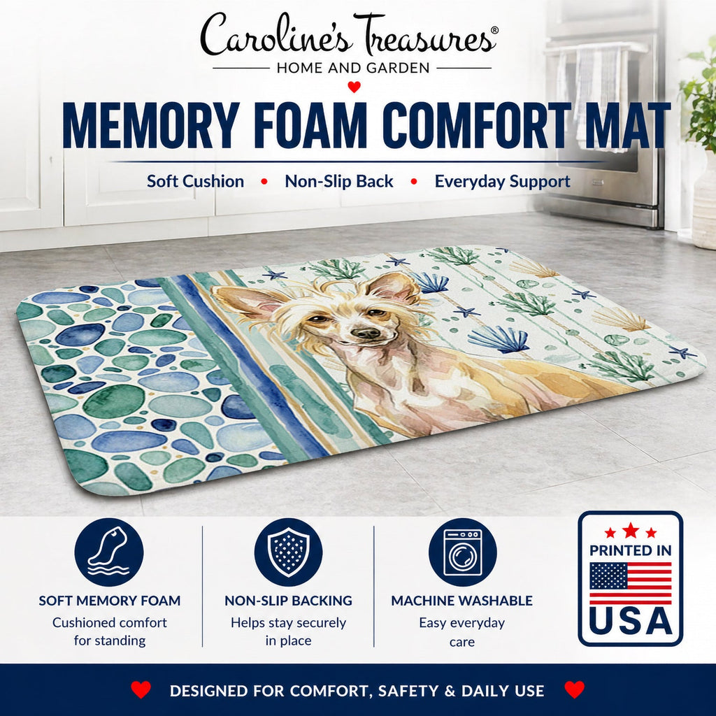 Hairless Palomino Chinese Crested Coastal Sea Glass Memory Foam Kitchen Mat Machine Washable Anti-Fatigue Cushion Comfort Bath or Kitchen Rug