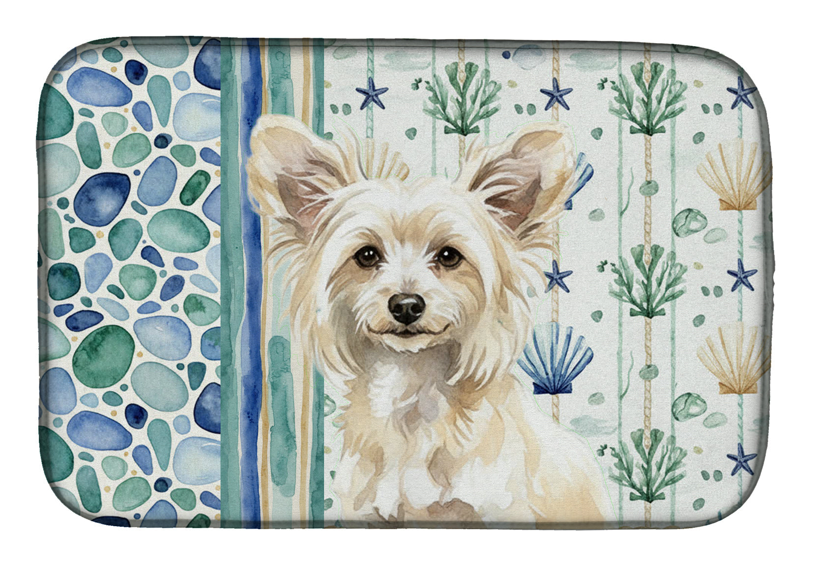Powderpuff Chinese Crested Coastal Sea Glass Dish Drying Mat Absorbent Dish Drying Mat Pad for Kitchen Counter Dish Drainer Mat for Countertop, 14 x 21", Multicolor