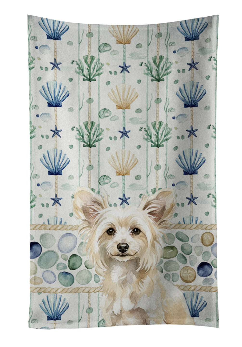 Powderpuff Chinese Crested Coastal Sea Glass Kitchen Towel Velour Plush Front and Cotton Loop Back Machine Washable