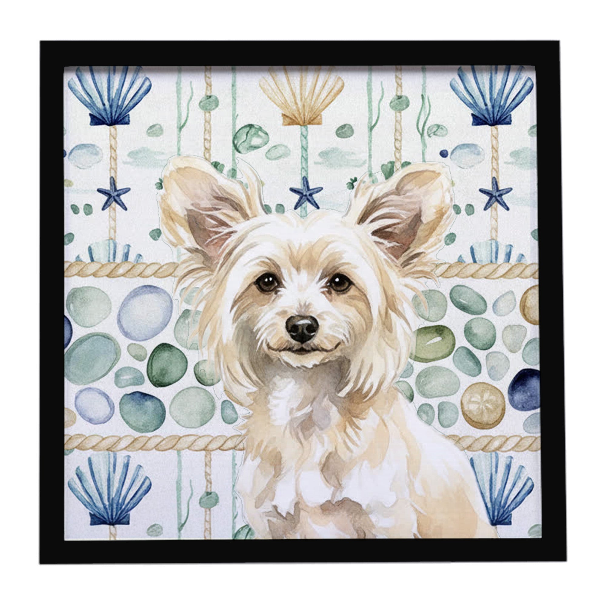 Powderpuff Chinese Crested Coastal Sea Glass Framed Metal Print Bathroom, Kitchen, Office, Home Decor Wall Art Ready to Hang, Square, 8X8
