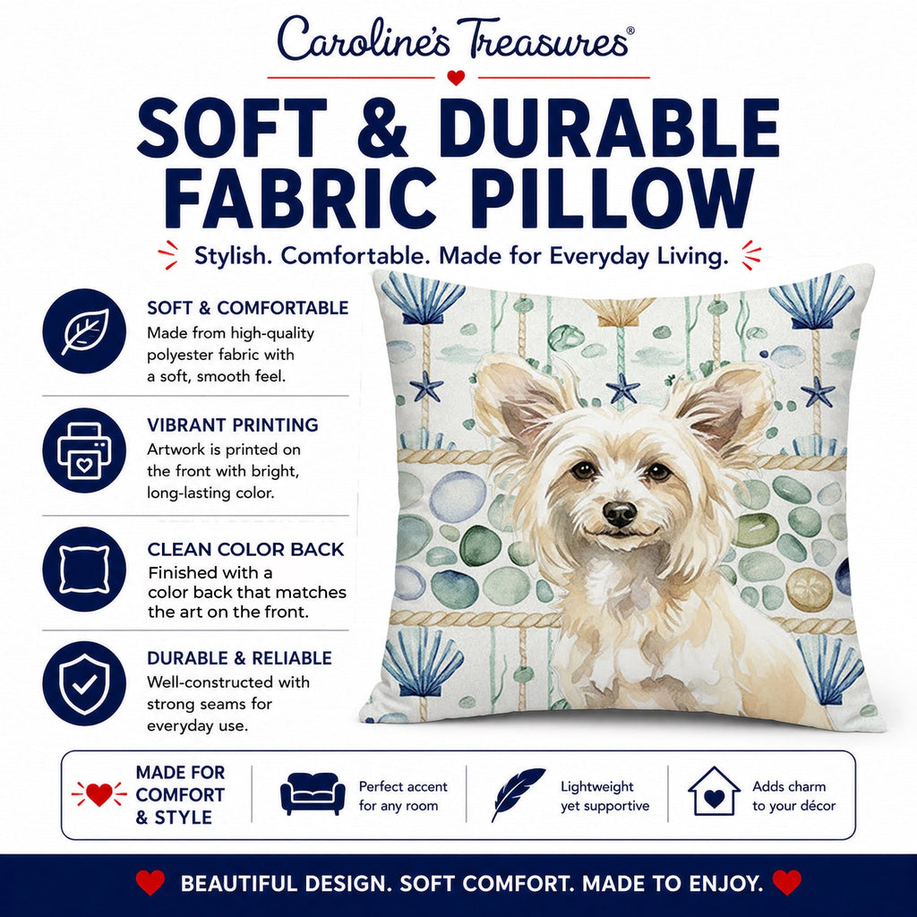 Powderpuff Chinese Crested Coastal Sea Glass Decorative Throw Pillow 14x14 Indoor Outdoor Accent Cushion, Fabric Cover with Insert for Sofa, Bed, Porch & Living Room