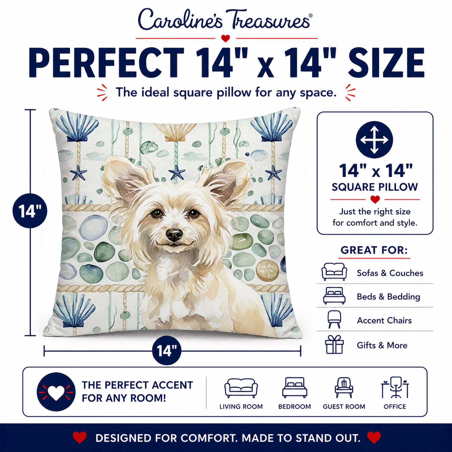 Powderpuff Chinese Crested Coastal Sea Glass Decorative Throw Pillow 14x14 Indoor Outdoor Accent Cushion, Fabric Cover with Insert for Sofa, Bed, Porch & Living Room