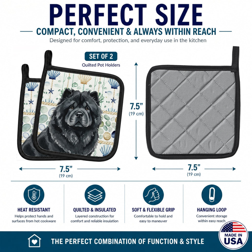 Black Chow Chow Coastal Sea Glass Pot Holder Set of 2 Heat Resistant Quilted Hot Pads 7.5 x 7.5 Inch, Insulated Kitchen Trivets for Cooking & Baking