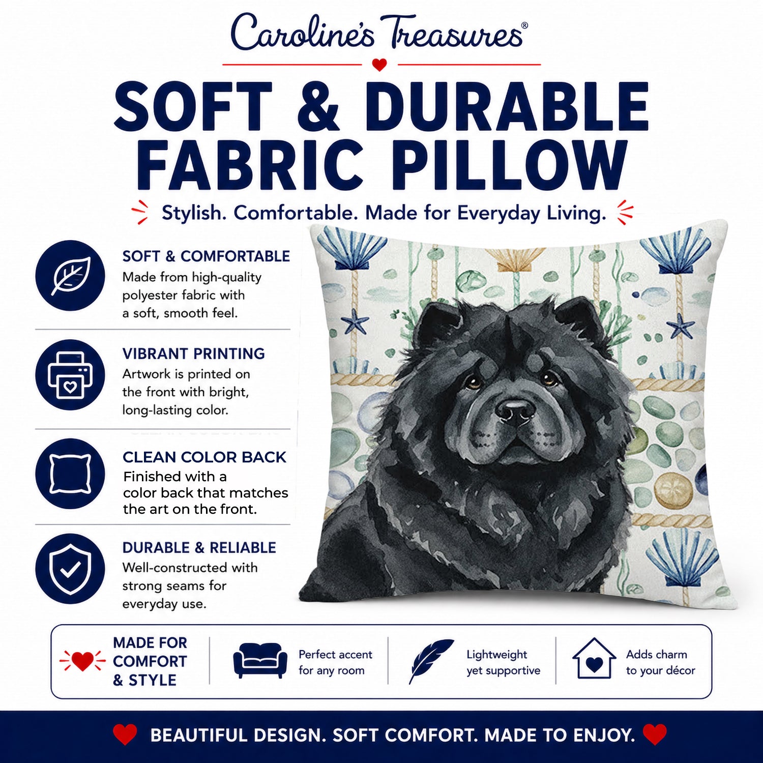 Black Chow Chow Coastal Sea Glass Decorative Throw Pillow 14x14 Indoor Outdoor Accent Cushion, Fabric Cover with Insert for Sofa, Bed, Porch & Living Room