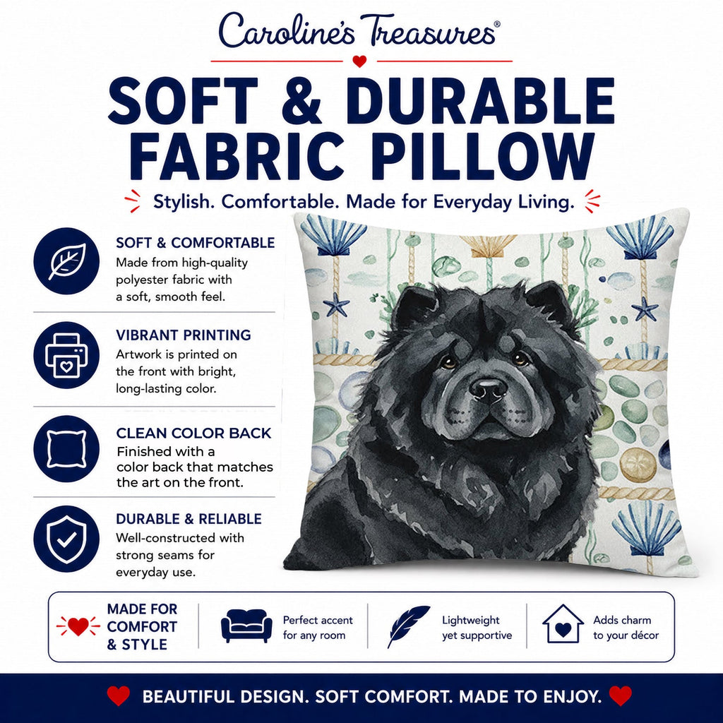 Black Chow Chow Coastal Sea Glass Decorative Throw Pillow 18x18 Indoor Outdoor Accent Cushion, Fabric Cover with Insert for Sofa, Bed, Porch & Living Room