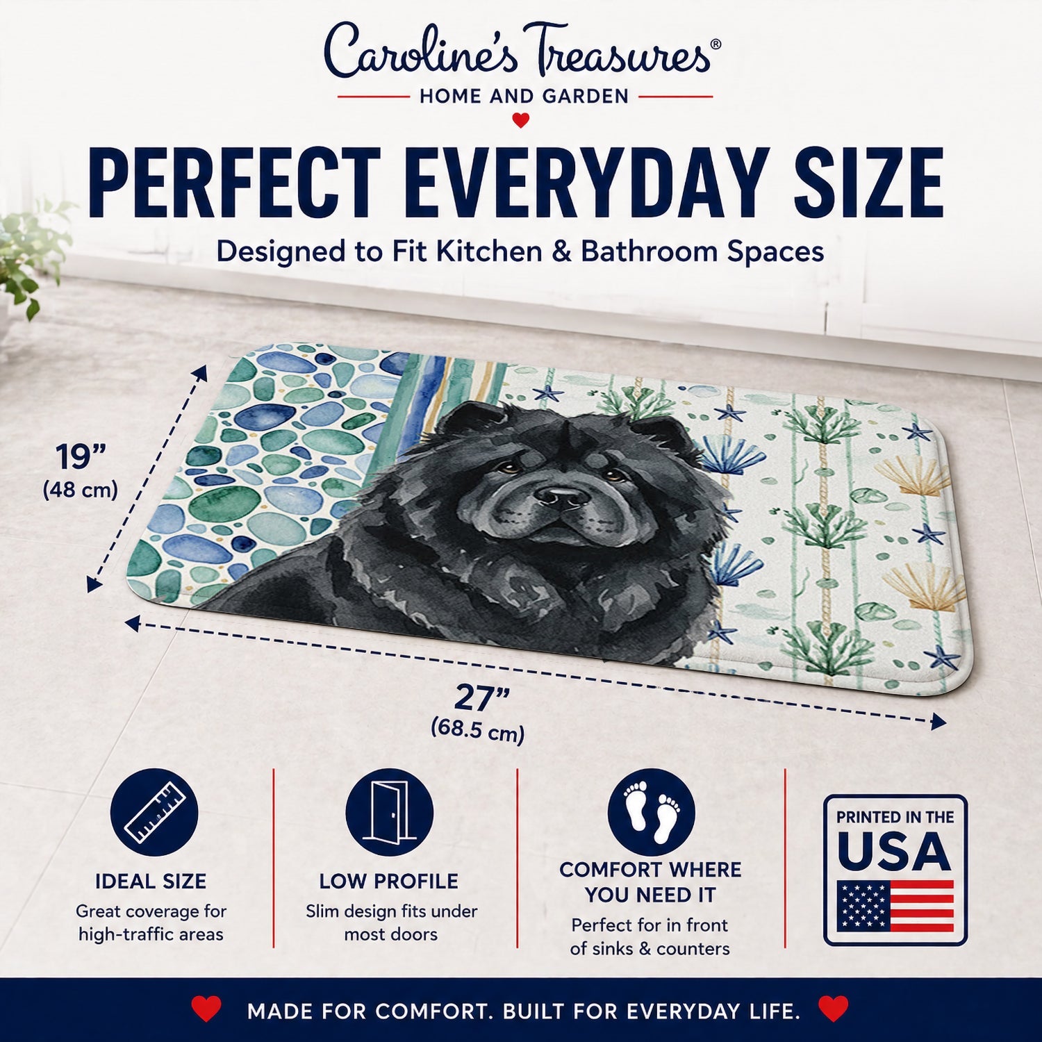 Black Chow Chow Coastal Sea Glass Memory Foam Kitchen Mat Machine Washable Anti-Fatigue Cushion Comfort Bath or Kitchen Rug