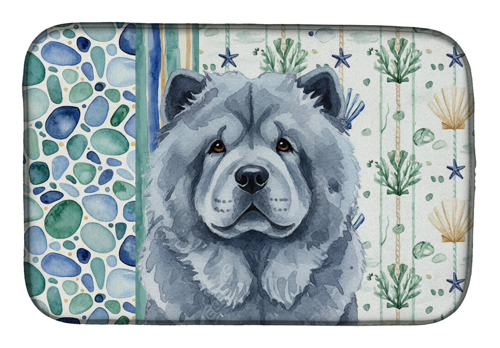 Blue Chow Chow Coastal Sea Glass Dish Drying Mat Absorbent Dish Drying Mat Pad for Kitchen Counter Dish Drainer Mat for Countertop, 14 x 21", Multicolor