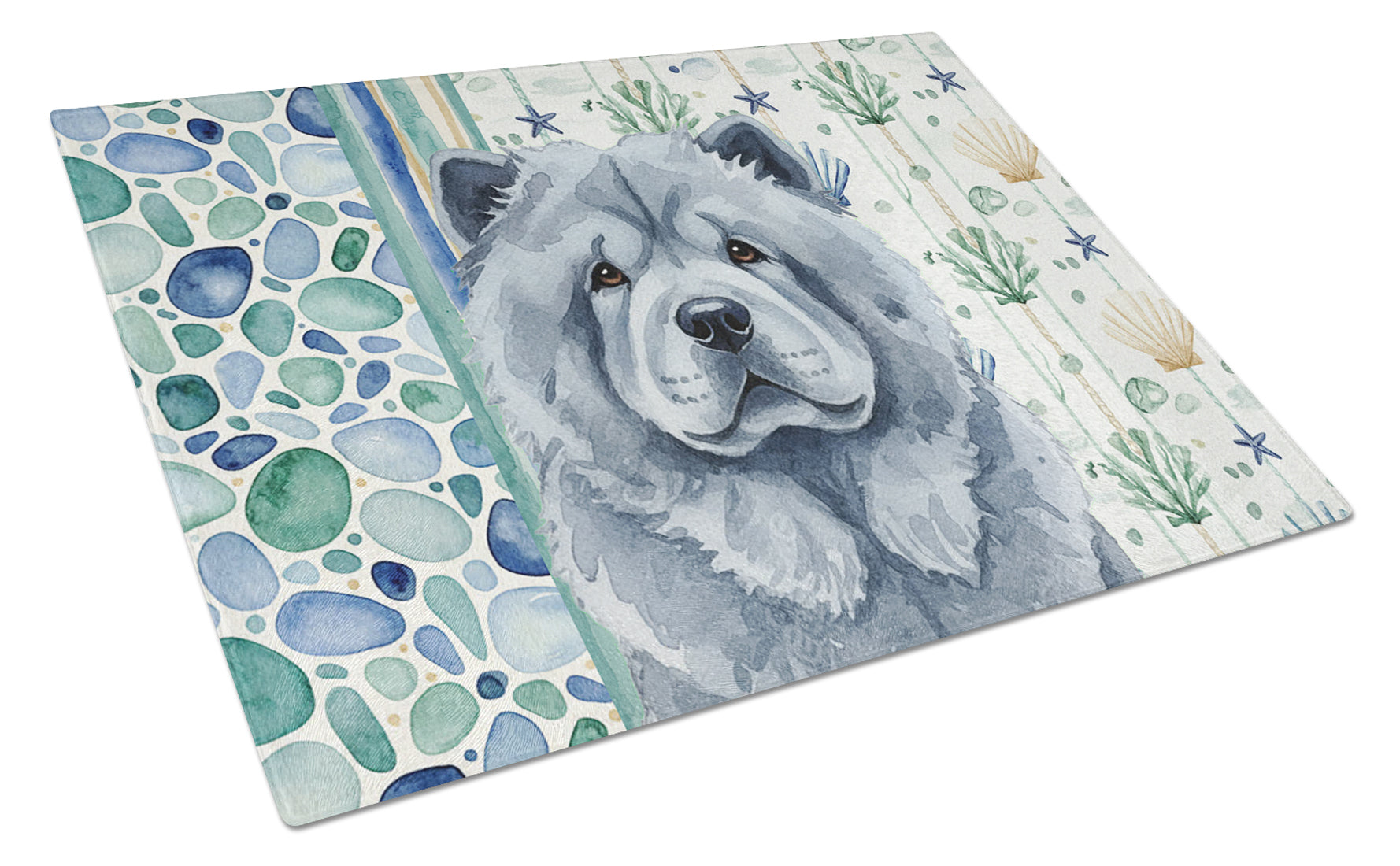 Blue Chow Chow Coastal Sea Glass Cutting Board Tempered Glass Kitchen Cutting Surface, Heat Resistant Chopping, Non-Slip Feet, Food Prep & Serving