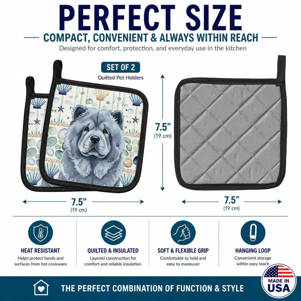 Blue Chow Chow Coastal Sea Glass Pot Holder Set of 2 Heat Resistant Quilted Hot Pads 7.5 x 7.5 Inch, Insulated Kitchen Trivets for Cooking & Baking