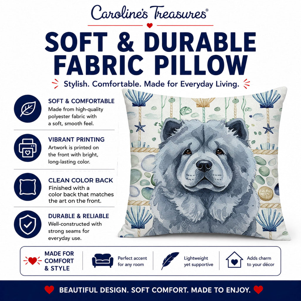 Blue Chow Chow Coastal Sea Glass Decorative Throw Pillow 18x18 Indoor Outdoor Accent Cushion, Fabric Cover with Insert for Sofa, Bed, Porch & Living Room