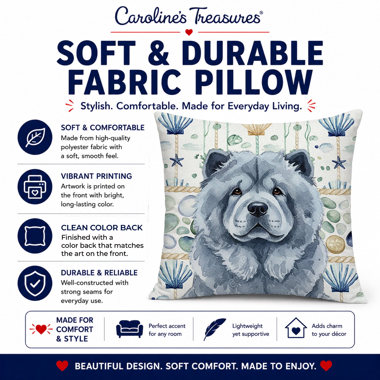 Blue Chow Chow Coastal Sea Glass Decorative Throw Pillow 18x18 Indoor Outdoor Accent Cushion, Fabric Cover with Insert for Sofa, Bed, Porch & Living Room