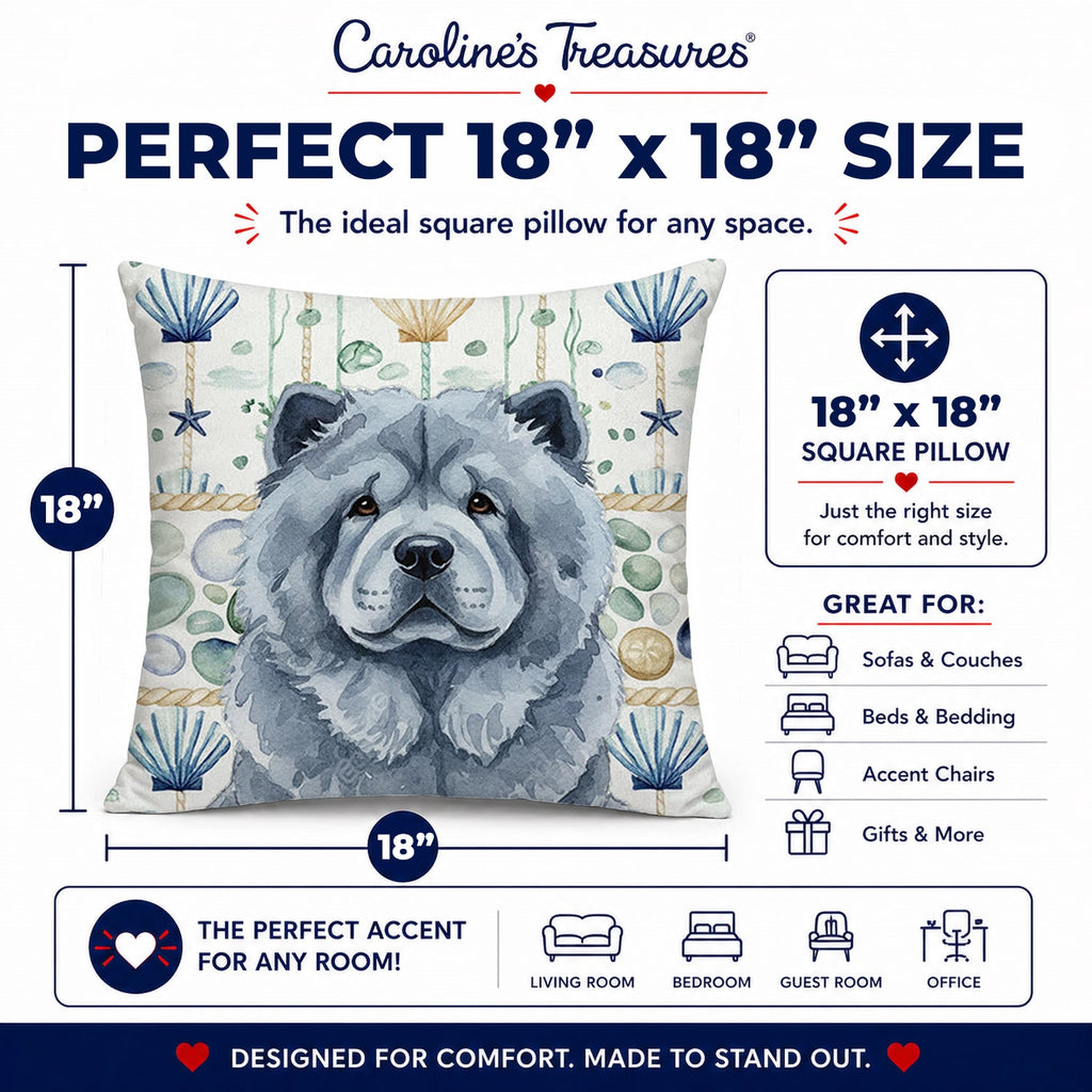 Blue Chow Chow Coastal Sea Glass Decorative Throw Pillow 18x18 Indoor Outdoor Accent Cushion, Fabric Cover with Insert for Sofa, Bed, Porch & Living Room