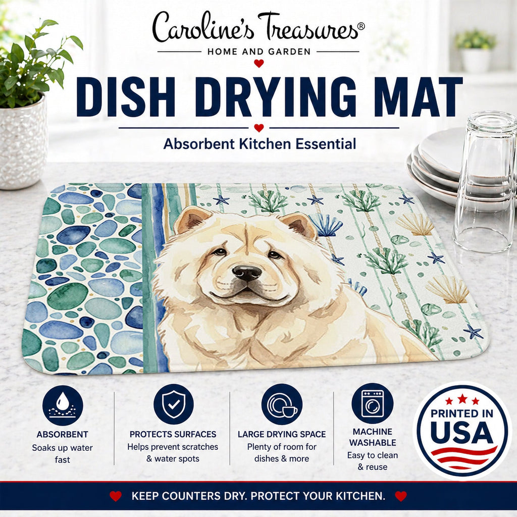 Cream Chow Chow Coastal Sea Glass Dish Drying Mat Absorbent Dish Drying Mat Pad for Kitchen Counter Dish Drainer Mat for Countertop, 14 x 21", Multicolor