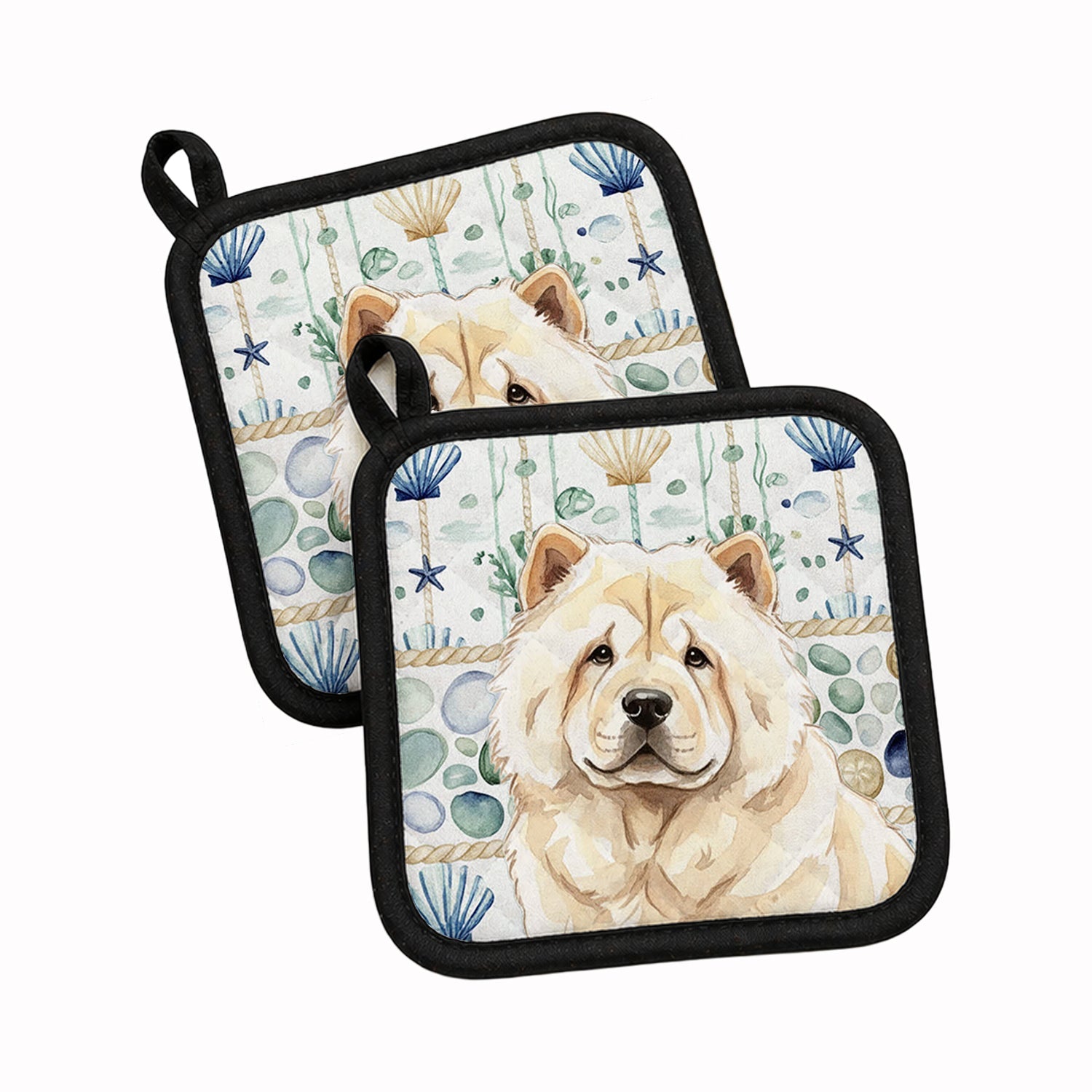 Cream Chow Chow Coastal Sea Glass Pot Holder Set of 2 Heat Resistant Quilted Hot Pads 7.5 x 7.5 Inch, Insulated Kitchen Trivets for Cooking & Baking