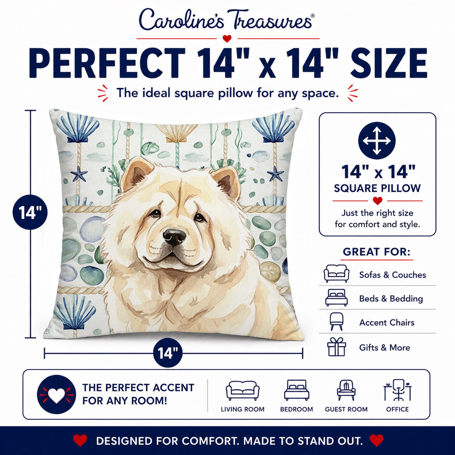Cream Chow Chow Coastal Sea Glass Decorative Throw Pillow 14x14 Indoor Outdoor Accent Cushion, Fabric Cover with Insert for Sofa, Bed, Porch & Living Room