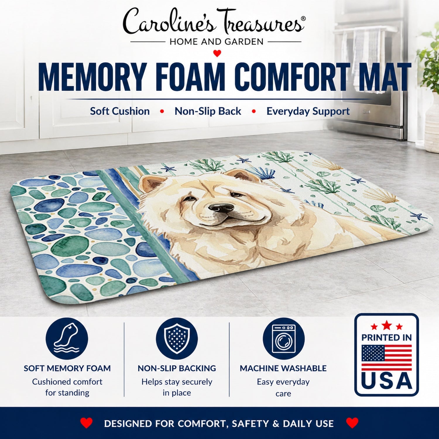 Cream Chow Chow Coastal Sea Glass Memory Foam Kitchen Mat Machine Washable Anti-Fatigue Cushion Comfort Bath or Kitchen Rug