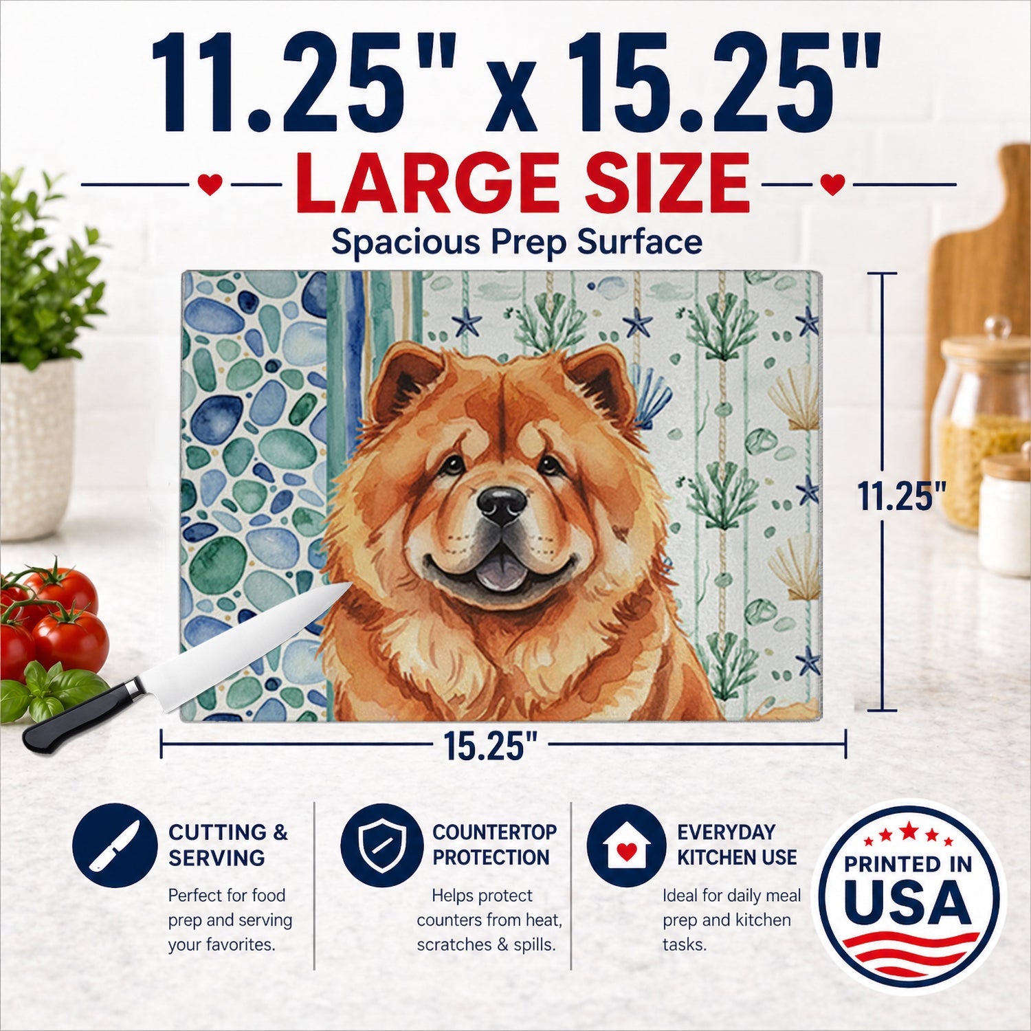 Red Chow Chow Coastal Sea Glass Cutting Board Tempered Glass Kitchen Cutting Surface, Heat Resistant Chopping, Non-Slip Feet, Food Prep & Serving